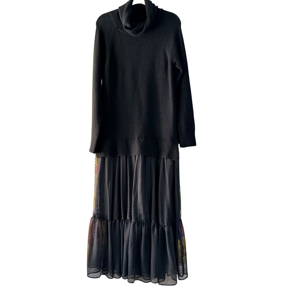 AllSaints Tula Dress Small Black Wool Blend Roll Neck Mesh Tiered Maxi WD335R - Picture 4 of 9